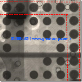 BGA錫球尺寸小于0.4mm，采用降低BGA內(nèi)圍襲球的錫膏量所得到X-Ray，稍微留意一下可以發(fā)現(xiàn)最外圈的錫量(圓的直徑)比其他內(nèi)圍的錫球上的錫量來得多一點點。也就是外圈的黑色圓形直徑比內(nèi)圈的圓形來得大一點點。