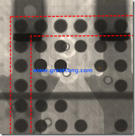 BGA錫球尺寸小于0.4mm，采用降低BGA內(nèi)圍襲球的錫膏量所得到X-Ray，稍微留意一下可以發(fā)現(xiàn)最外圈的錫量(圓的直徑)比其他內(nèi)圍的錫球上的錫量來得多一點點。也就是外圈的黑色圓形直徑比內(nèi)圈的圓形來得大一點點。