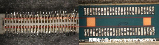 把板對板連接器與其電路板的佈線焊墊作一個比較，端子的切斷面有毛邊的地方剛好對到了裸銅區(qū)。