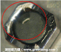 使用錫(Sn)鍍層的電源電感器(Power Inductors)，經(jīng)過(guò)推力測(cè)試后，其焊點(diǎn)還保留在零件的端點(diǎn)上，所以推力比較高。