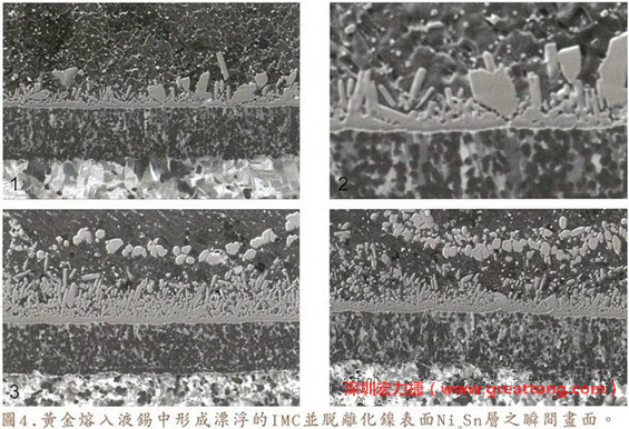 下面四張圖片為放大4500倍的SEM圖像，說(shuō)明在回流焊爐熱量不足的情況下，黃金成份正要從鎳層分離融入焊錫之中的瞬間，當(dāng)零件遭受外力沖擊的時(shí)候就極有可能從這一整排AuSn、、AuSn2或AuSn4的IMC處裂開(kāi)。