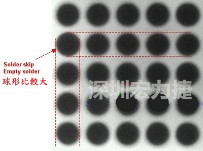 現(xiàn)在我畫幾條直線你再看看是否有發(fā)現(xiàn)那一顆BGA的錫球比較大，有空焊的可能？