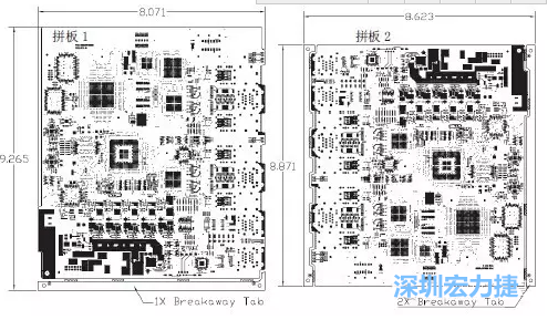 如圖7所示是使用不同數(shù)量邊條的拼板，拼板1僅使用了一個(gè)邊條，直接利用PCB另一邊作為SMT工藝傳送邊，并且PCB圖形中有合適的安裝孔；而拼板2則是按常規(guī)設(shè)計(jì)了兩個(gè)邊條。拼板方式為連接筋。圖中“Breakaway Tab”指邊條-深圳宏力捷