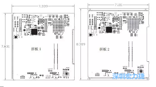 如圖11所示在兩種拼板中PCB單元的邊條位置不同，拼板1中邊條在長(zhǎng)邊方向，而拼板2中邊條在短邊方向-深圳宏力捷