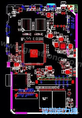 上圖是一個開發(fā)板的PCB，從布局中可以看出各個接口電路分離很明確，SDRAM和DDR以及SD卡接口電路等走線不會造成相互的干擾。-深圳宏力捷