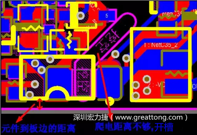 如果碰到模塊PCB空間有限，爬電距離不夠，可以采用開槽的方式