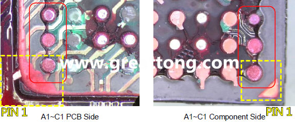 PIN-1的位置很重要，不知道Pin-1在哪里？那你怎么知道斷裂錫球在PCB的位置，如何判斷可能的應(yīng)力(Stress) 影響。一般在PCB的絲印層(白漆)上面一定會標(biāo)示零件的PIN-1位置，有的未打一個圓點(diǎn)，有的會畫三角形，但這張照片在PCB的PIN-1被紅墨水遮住了，如果可以的話建議那一塊沒有紅墨水的板子對照一下。