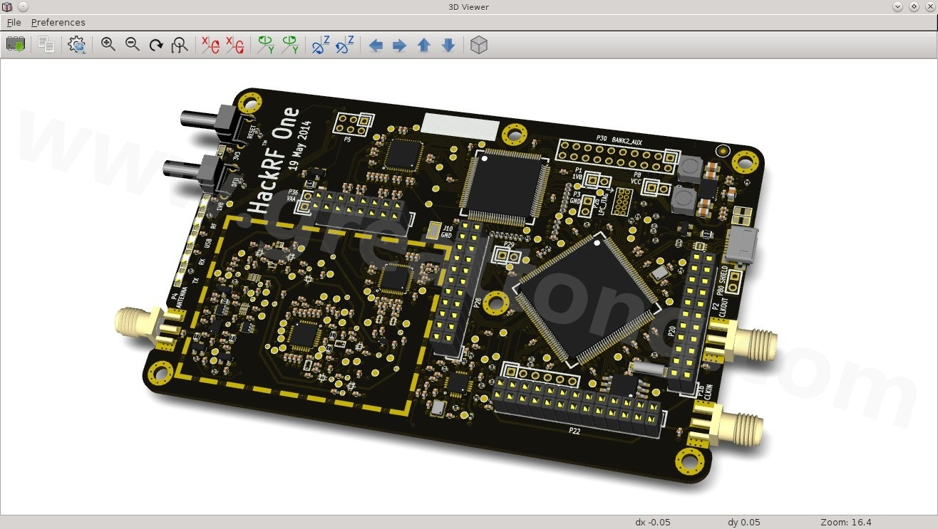 經(jīng)KiCad軟體3D功能渲染過的HackRF One電路板。