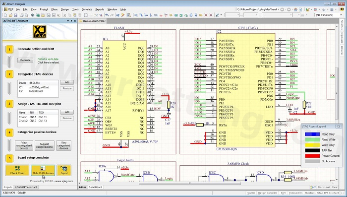 XJTAG DFT Assistant的Access Viewer模式可以清楚地顯示可用的測試存取層級，讓電路板設(shè)計(jì)人員在展開PCB布局以前的原理圖擷取階段盡可能地提高測試存取能力