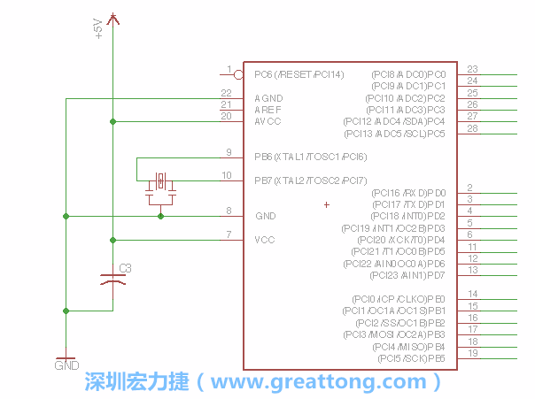 3.2.    在靠近ATmega的電源供應(yīng)針腳7的位置放置一個(gè)0.1μF的電容，將它分別連接電源、接地端和針腳7。