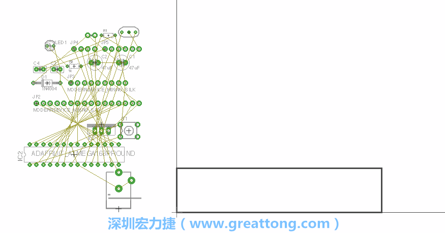 第一次執(zhí)行布線編輯器時(shí)，你會(huì)發(fā)現(xiàn)有兩個(gè)區(qū)塊，左邊的區(qū)塊非?；靵y，而右邊的區(qū)塊則是一個(gè)長(zhǎng)方形的工作區(qū)域，EAGLE免費(fèi)版會(huì)限制你的工作區(qū)域在4” x 3.2”的范圍內(nèi)，如果你試圖將元件擺放在工作區(qū)外的話，就會(huì)跳出警示訊息。