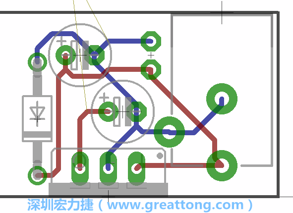 接地連結(jié)點(diǎn)的布線情形如下圖所示，利用這個(gè)練習(xí)來避免電路連線銳角化的產(chǎn)生是一個(gè)不錯(cuò)的選擇，你可以在工具列中的彎曲線路（Wire Bend）選項(xiàng)里改變各種布線的變化。