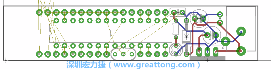 將ATmega微控制器、三個(gè)GPIO排針（JP2, JP3, JP4）和諧振器（resonator）排置如上圖所示。