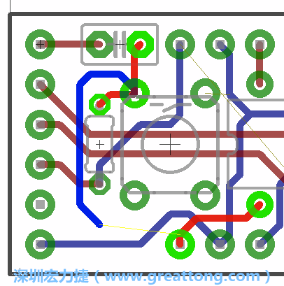 要在電路板正面進(jìn)行+5V信號(hào)線連結(jié)和其他連結(jié)點(diǎn)的布線工作是非常容易的，而重置信號(hào)線（信號(hào)線用來連結(jié)電路板正面左邊的重置開關(guān)）需要經(jīng)過一個(gè)可以通過電路板正反兩面的電路通道，這個(gè)通道是一個(gè)可以讓電路板正反兩面線路連接的一個(gè)小孔。