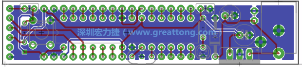第二篇文章則帶領(lǐng)你進(jìn)行電路板上的布線、連結(jié)點(diǎn)的配置，并利用「設(shè)計(jì)規(guī)則檢查（Design Rule Check）」測(cè)試你的設(shè)計(jì)，第二篇文章的電路板設(shè)計(jì)圖將如下所示：