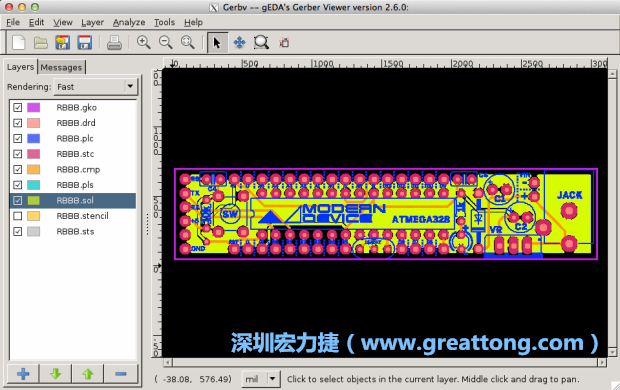 將圖層匯入你的Gerber預(yù)覽工具內(nèi)（下圖為Gerbv），我通常會(huì)從上到下重新排列它們的順序，好讓我比較好校對(duì)：