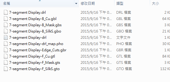 所謂Gerber檔，其實是包含一群檔案 (如下圖所示)，如包含正反面銅箔層 F.Cu B.Cu.，正反面文字面 F.Silkscreen ，B.Silkscreen，防焊層 SolderMask、板邊裁切Edge.Cuts 等。