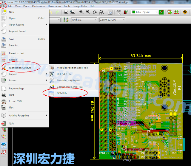 在Kicad的PCB Editor, 點(diǎn)選 File->Fabrication Outputs->BOM File, 即可產(chǎn)生一個(gè) .csv 的Excel 檔案。