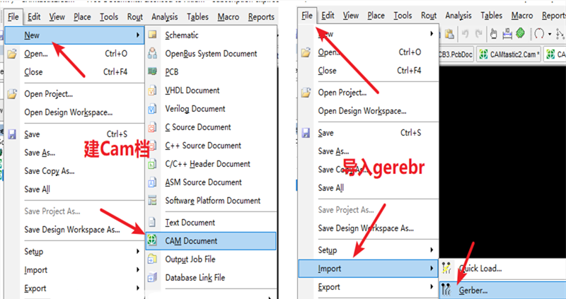 在File下新建 Cam檔，建后再File下導(dǎo)入Gerber文件，選擇所有文件導(dǎo)入gerber。