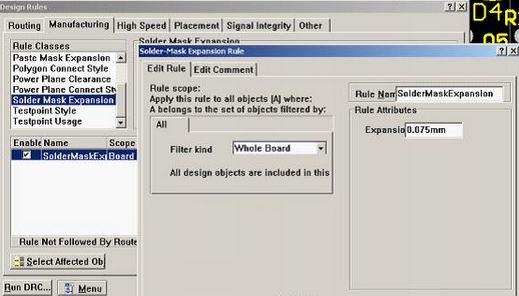 5. 而對于阻焊的調(diào)整則可以通過按D、R調(diào)出[Manufacturing]制作設(shè)計(jì)規(guī)則的[Solder-Mask Expansion Rule]設(shè)置項(xiàng)直接設(shè)定單邊放大值